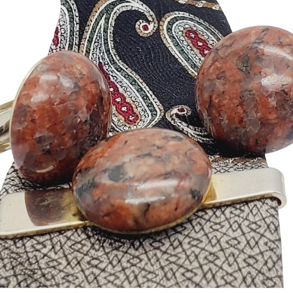 Red Jasper Cufflinks Tie Bar Set Chunky Round Stone Clip Clasp Suit Vintage 70s